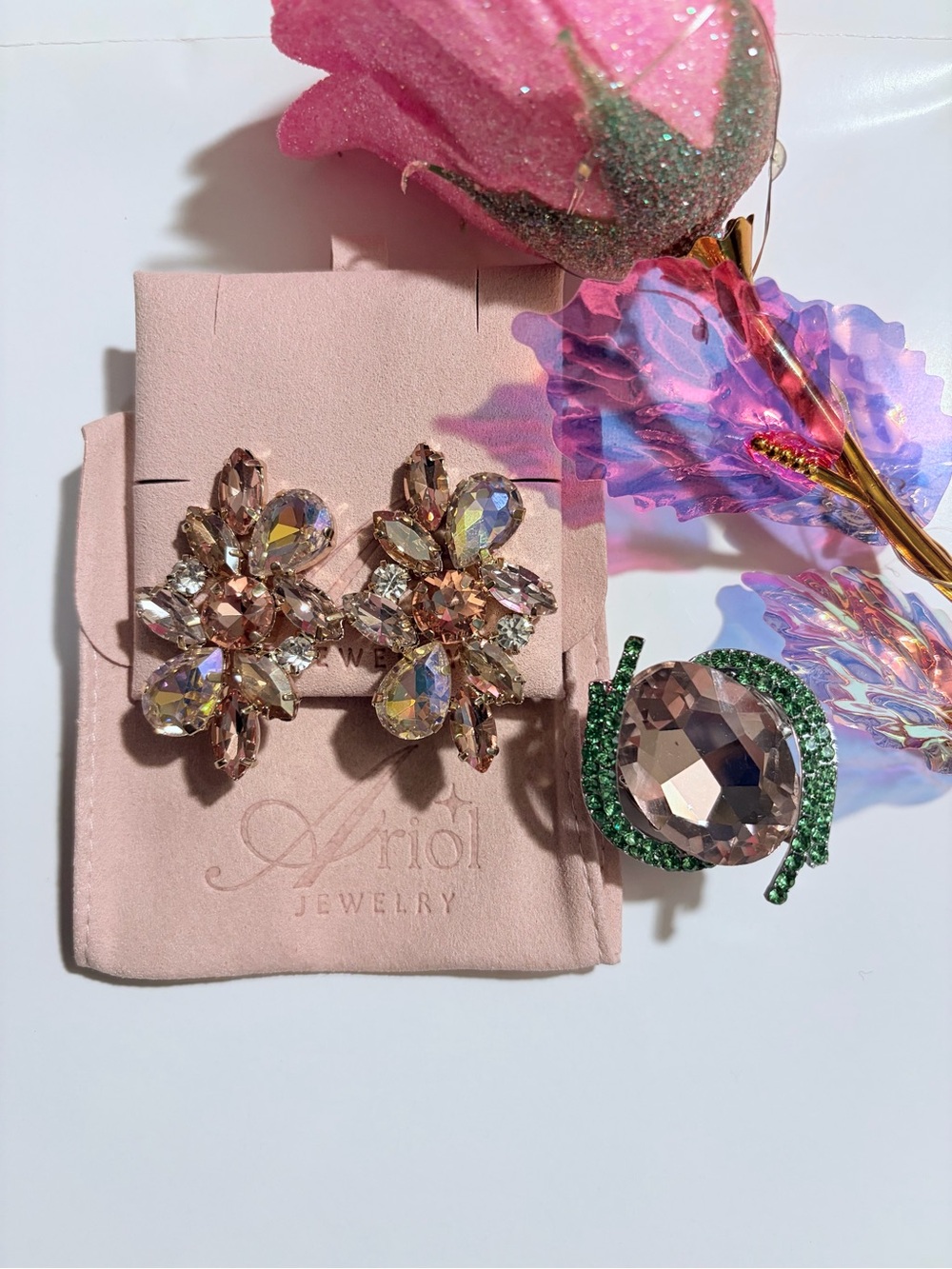 Ariol Pink Crystal Flower Statement Earrings and Stretch Ring Set